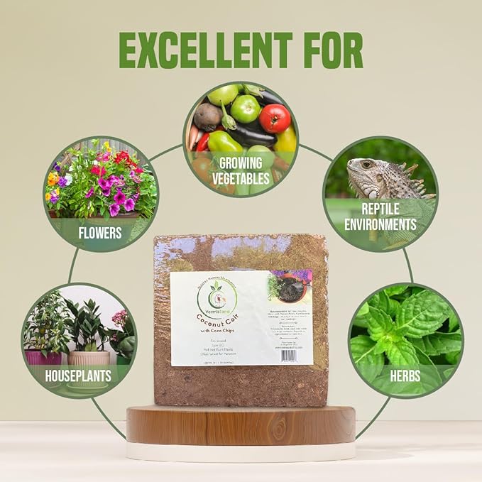 Coco Coir and Chips, Compressed Brick - Approx 9 LB (1.7 cu ft) - for Container Garden and Potting Mix, Coconut Coir with Chunky Chips for Aeration and Stability