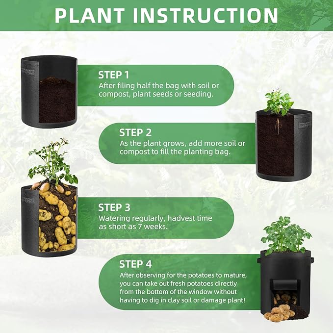 6 Pack 7 Gallon Potato Grow Bags, Heavy Duty Nonwoven Fabric Garden Planting Bag Plant Container with Flap and Handles, Aeration Fabric Pots for Growing Vegetable, Fruits and Flowers