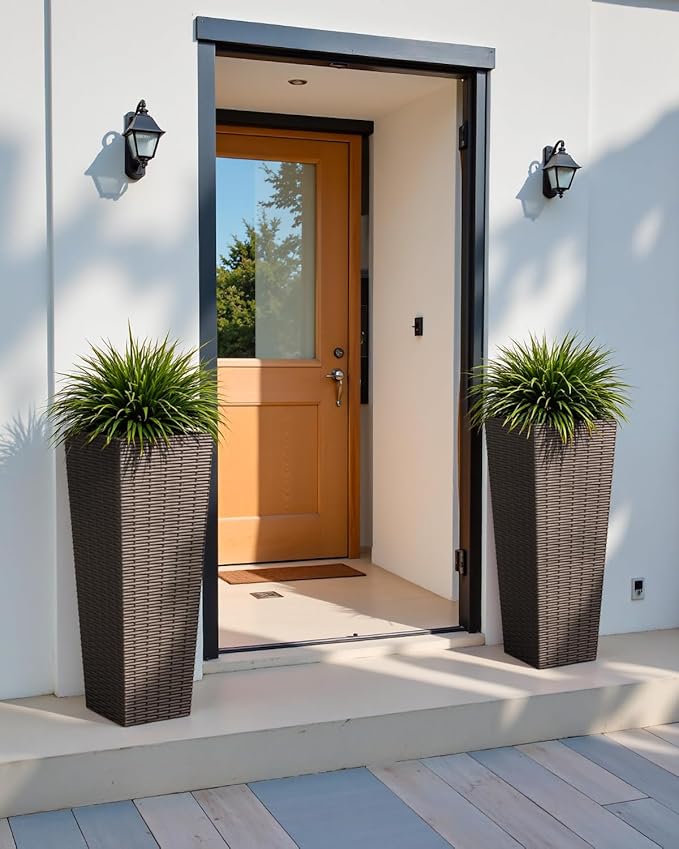 Greesum Large Tall Planter for Outdoors Plants, Set of 2, 32" Tall Plastic Flower Pots, Tapered Porch Planter with Drainage Holes for Patio, Backyard, Brown