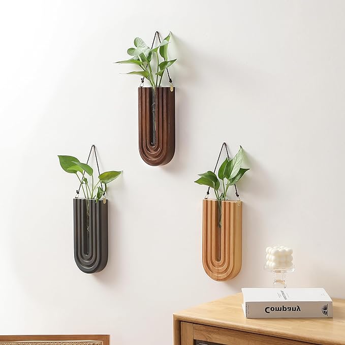 Wood Wall Planter Indoor, Propagation Station, Wooden Hanging Vase for Dried Flowers, Wall Plant Holder, Boho Wall Décor for Living Room U Rainbow Shape (Set of 3)