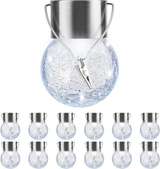 PARTPHONER 12 Pack Hanging Solar Lights Outdoor, Waterproof Solar Globe Lantern with Handle and Clip, Decorative Cracked Glass Ball Lights for Christmas Decor, Tree, Yard, Garden, Patio (Cold White)