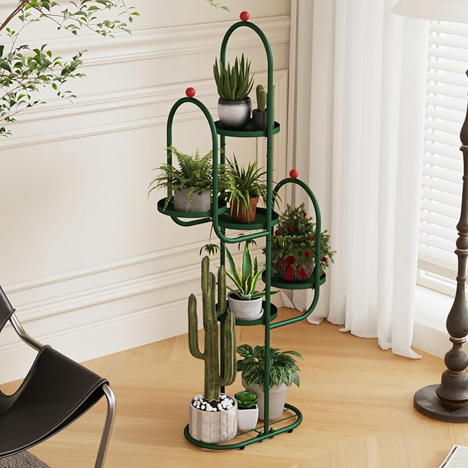 Bamworld Cactus Plant Stand Indoor for Succulents Cactus Tree Cactus Shelf Tall Plant Shelf Outdoor Corner Metal Plant Rack for Patio Garden Balcony Living Room Decor Green