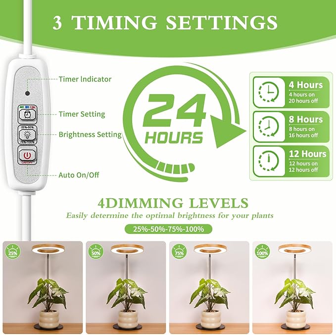 LORDEM Bamboo Grow Light for Indoor Plants, Full Spectrum Plant Light for Indoor Growing, Desk LED Grow Lamp with Auto On/Off Timer for 4H/8H/12H, 4 Dimmable Levels, Height Adjustable, 1 Pack