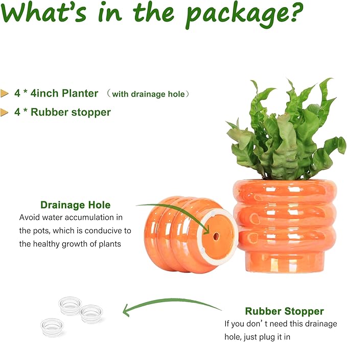 4.1 inch 4 pcs Ceramic Plant Pots for Indoor Plants, Rainbow Pearl Glaze Planter with Planters for Plants with Drainage Hole, Orchid Pots, Succulent Pot, Small Flower Pot (Orange)