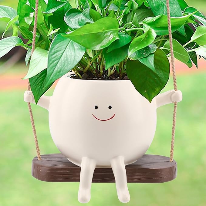 Large Size Swing Face Hanging Planter Pot for Indoor Outdoor Plants, Cute Swinging Plant Pot, Hanging Flower Pots, Face Planter Pot Head, Resin Succulent Planter, Valentines Day Gifts for Her