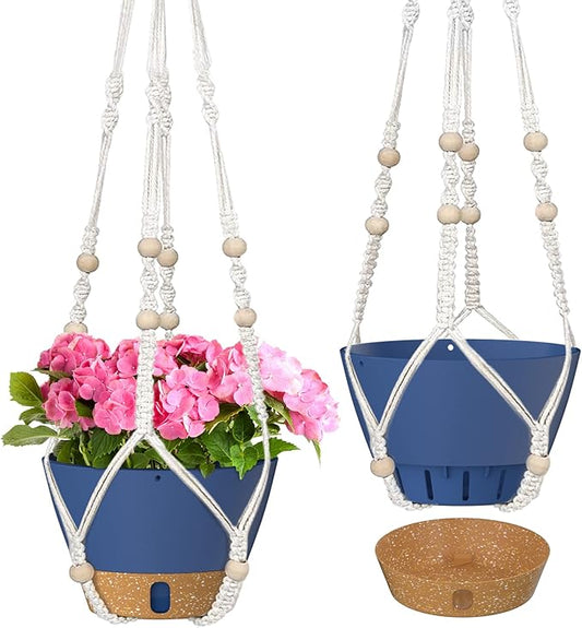 ZMTECH 2 Pack 8 Inch Blue Hanging Planters with Macrame Plant Hanger for Indoor and Outdoor Plants, Self Watering, Drainage Hole, Visible Level Tray