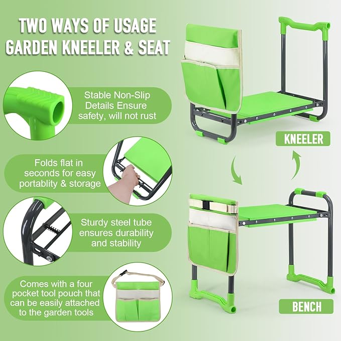 Garden Kneeler and Seat Heavy Duty with 10.2” Wider Soft Pad, Kneeler and Stool for Gardening with Extra Hand Pruner, Sturdy Garden Kneeling Bench Help Stand, Gift for Women Senior, Green