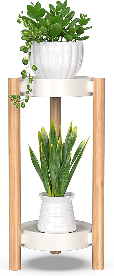 Bamboo Plant Stands Indoor, 2 Tier Steel Tray Tall Corner Plant Stand Holder & Plant Display Rack for Outdoor Garden Indoor Home (2 Tier)