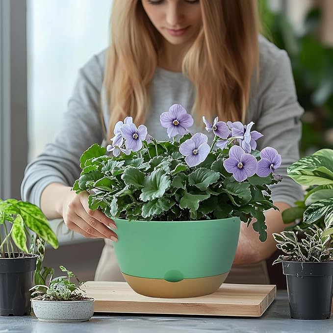 10 Inch Pots for Indoor Plants, Large Self Watering Planters with Drainage and Saucers, Plastic Outdoor Flower Pot, Set of 2, Green