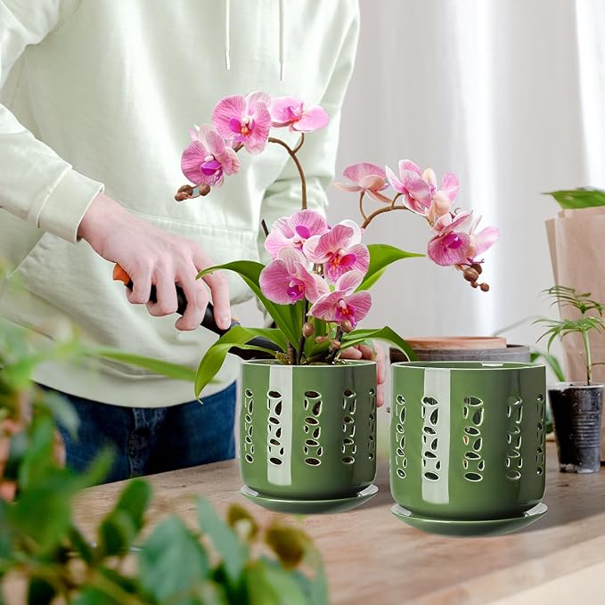 Ceramic Orchid Pots with Holes, 5 Inch+6 Inch Orchid Planter with Drainage Holes and Tray, Indoor Flower Pot for Repotting Orchids, Elegant Patina Glaze