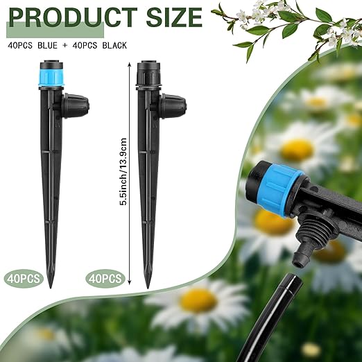 80 Pcs Drip Irrigation Emitters with Adjustable 360 Degree Water Flow Drippers for 1/4 Drip Tubing Sprayer on 5.5 Arrow Stake for Garden Irrigation System(Blue, Black,Lock Barbed)