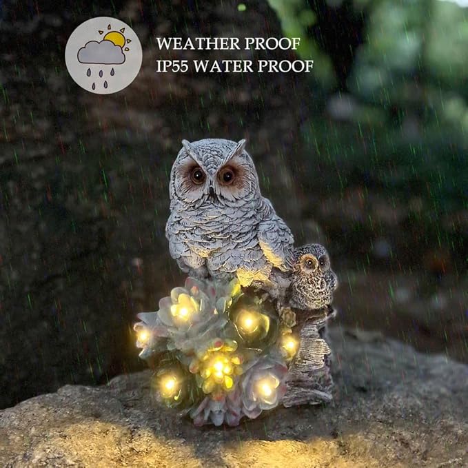 Mother Owl and Child Garden Statue on a Log with Succulent Led Solar Light Outdoor Scuplture Lawn Patio Yard Décor Owl Family Figurine with 7 Led Lights in Plants (Owl Solar)