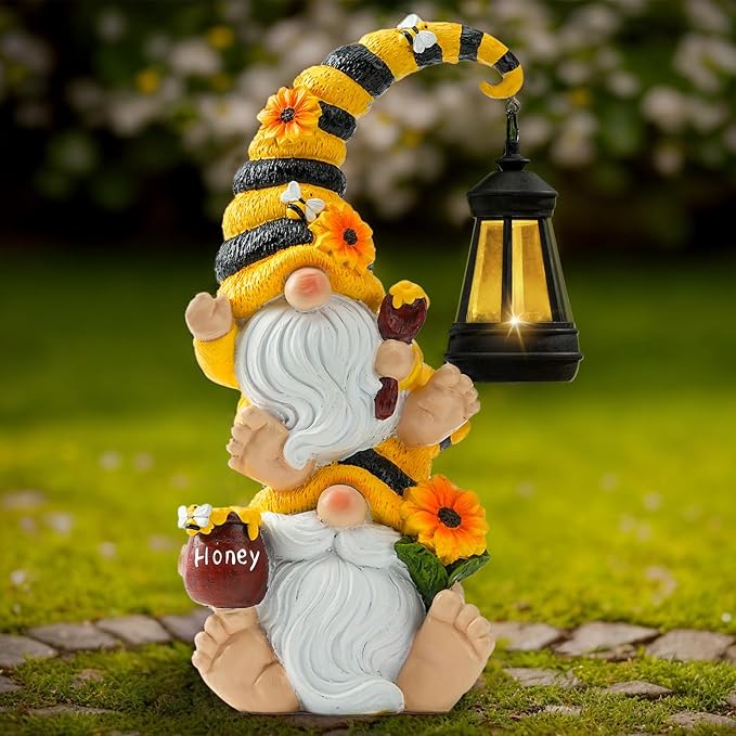 Garden Gnome Statue with Solar Lights – Large Outdoor Whimsical Decor for Patio, Lawn, Yard – Resin Waterproof Sculptures – Unique Birthday Gift for Grandma, Mom, Women