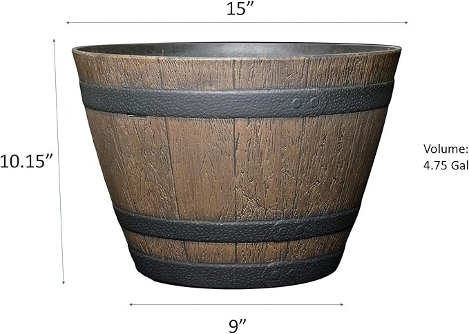 Classic Home and Garden Whiskey Plastic Resin Flower Pot Barrel Planter, Walnut Brown, 15" (Pack of 3)