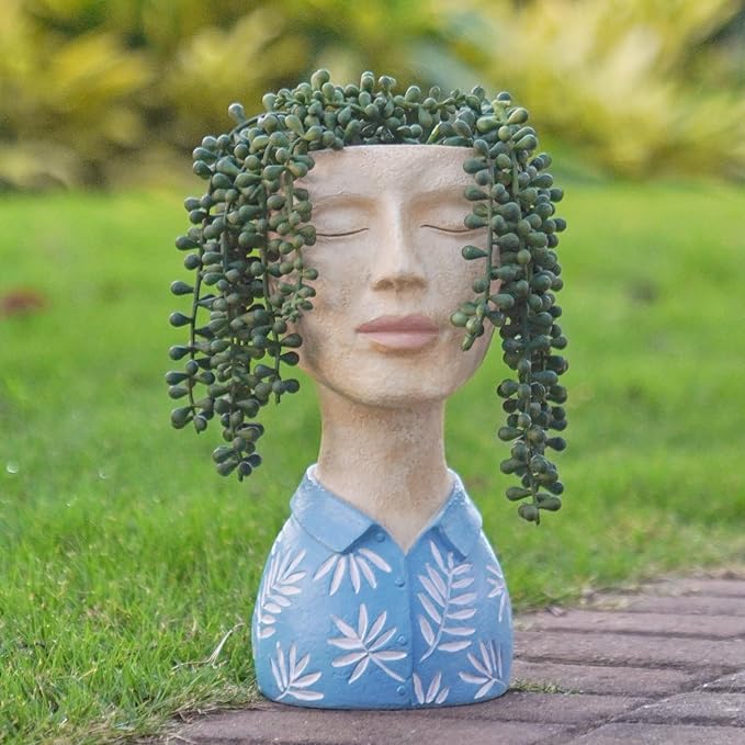 DiliComing Face Planter Pot Head Planter - Unique Planters Resin Male Bust Outdoor Planter Blue Head Planters for Indoor Plants Flower Pot Planter with Face Cute Plant Pots 5 x 6 x 10.5 Inch