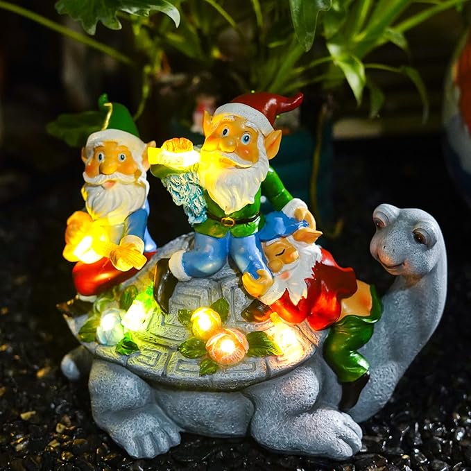 Upgraded Size Solar Garden Outdoor Statues Three Gnomes having party on turtle with 7 LED Solar Figurine for Lawn,Patio,Balcony,Yard Decor Unique Housewarming Gift, for grandfather, Father,Grandma,Wen