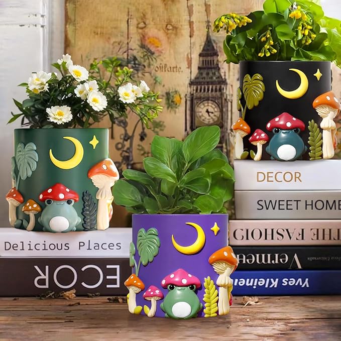 GUGUGO Colorful Frog Garden Plant Pots, Cute Unique Succulent Planters with Drainage, Rainbow Small Mushrooms Flower Planters Pots for Indoor Plants, Funny Eclectic Home Décor-Black
