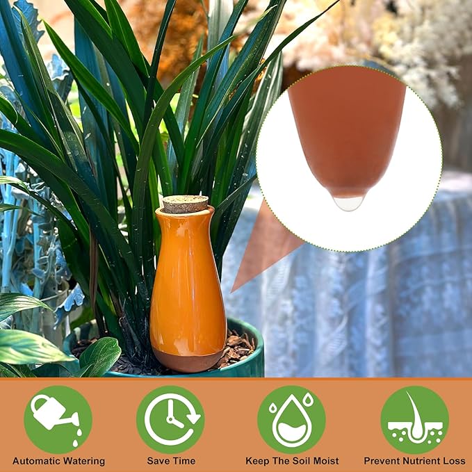 4 Packs Plant Watering Globes, Self Watering Planter Insert, Clay Plant Watering Devices, Self Watering Pots for Indoor Plants, Automatic Watering Bulbs Drip Irrigation Stake for 1 Week Easy to Refill
