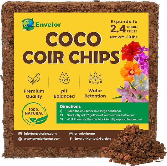 Coco Coir Chips Envelor 2.4 Cubic Feet Compressed Coconut Coir Bricks 10 lb. Natural Substrate for Indoor Outdoor Coco Chips for Plants Orchid Bark Coco Coir Brick Plant Soil Indoor Potting Mix
