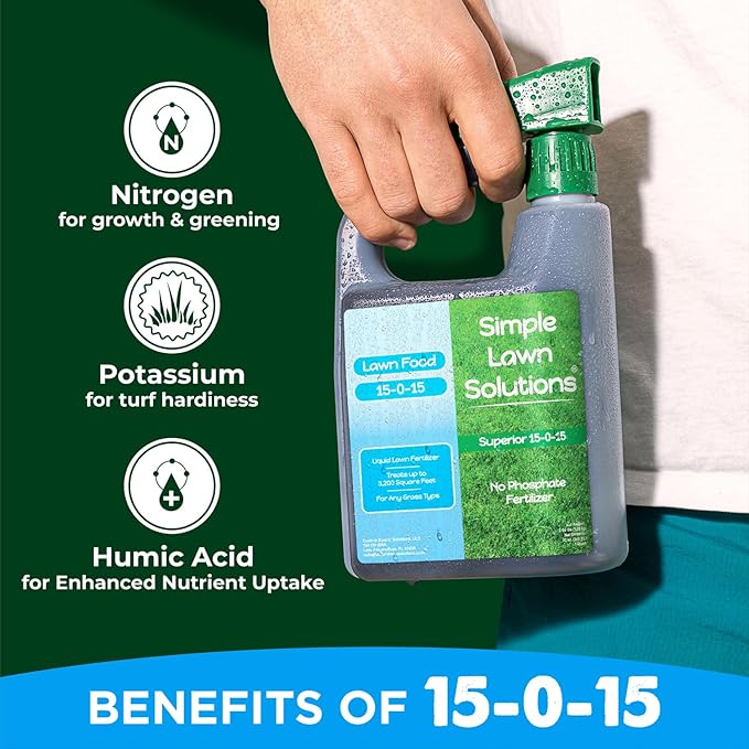 Superior 15-0-15 Liquid Lawn Fertilizer - Lawn Food for Growth & Green - Nitrogen, Potassium, Humic, Fish & Seaweed - Any Grass Type- Simple Lawn Solutions - All Season- Attached Sprayer (32 Ounce)