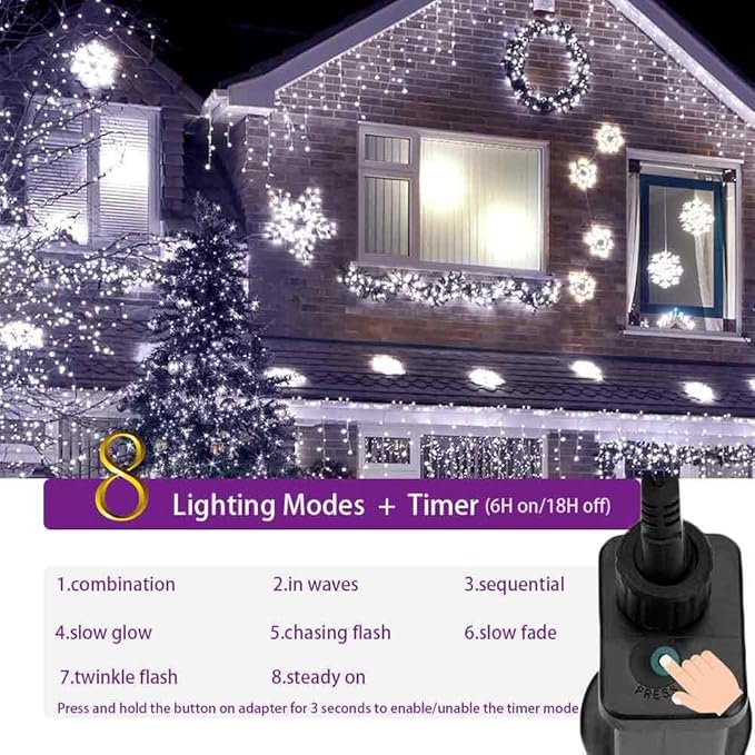 YASENN 300Led Icicle Style String Lights 29.5FT,Update Connectable 8 Lighting Modes with Timer Icicle Lights for Home Garden Outdoor Indoor Eave Decor (Cool White LED White Cable)