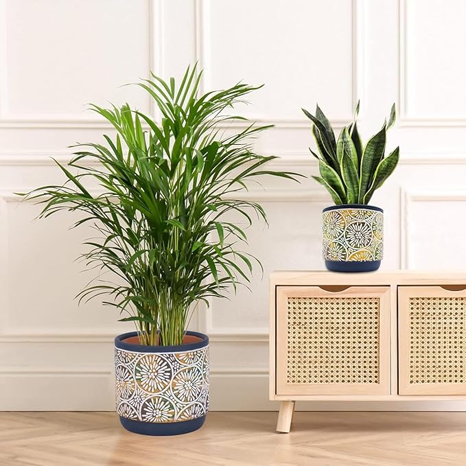 DeeCoo 3 Piece Ceramic Plant pots Indoor Pots Set with Drainage Holes, 5.7/4.7/3.5/inch, Modern Decorative pots Outdoor Plants Lilies, Cacti, Succulents, Snakes, and Bamboo (Blue)