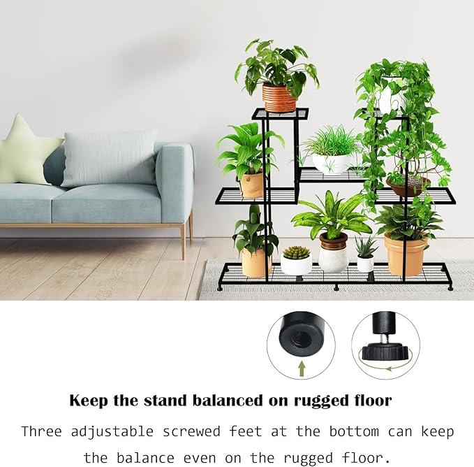 Metal Plant Stand, 5 Tiers Multifunctional Plant Stands for Indoor Plants, Decorative Black Steel Plant Shelf for Indoor Patio Garden Balcony and Yard (4 tiers 12 pots)