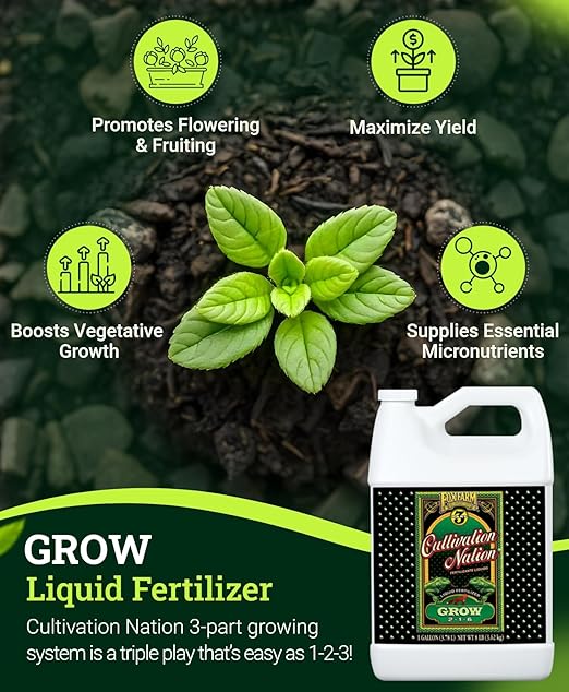 FoxFarm Cultivation Nation Grow Fertilizer - Formula for Optimal Vegetative Growth, Perfect for Soil, Soilless Media, Hydroponics & Aeroponics - Part 1 of 3-Part Feeding Program- NPK 2-1-6 (Gallon)