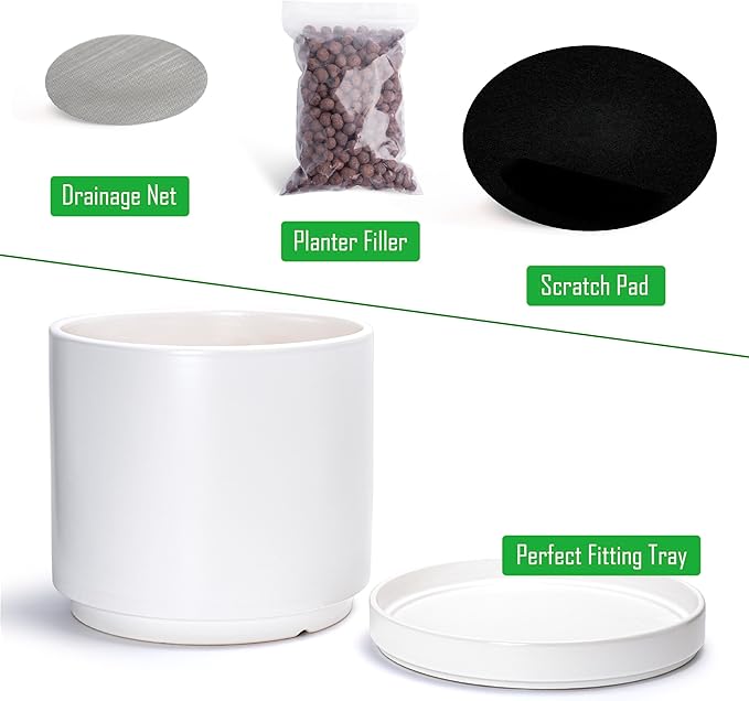 D'vine Dev 14 Inch Ceramic Planter Pot with Drainage Hole and Saucer, Indoor Cylinder Round Planter Pot, White, 94-O-G-1