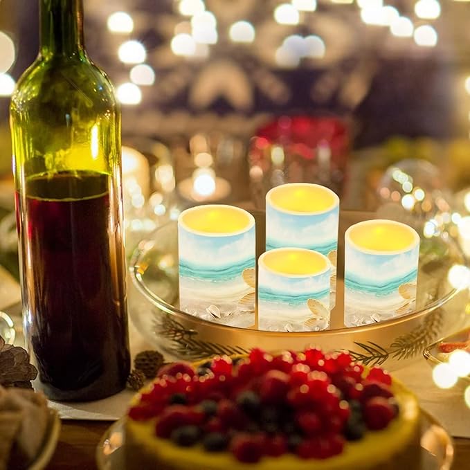Flameless LED Battery Candles 4PCS Pillar Candles with 18-Key Timer Remote Colorful Light for Party Celebration Decor, Beach Mussel Starfish Seashell