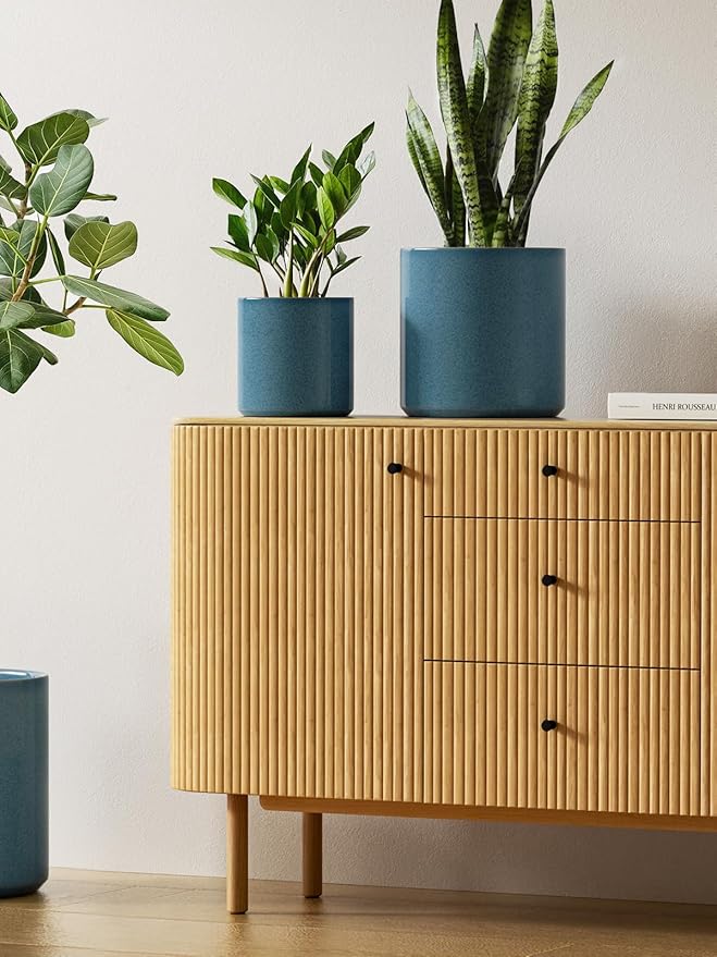 LE TAUCI Ceramic Plant Pots Indoor, 10 Inch 8 Inch 6 Inch Planters for Indoor Plants, Mid-Century Modern Flower Pots with Drainage Hole, Cylinder Round Planter Pots, Set of 3, Reactive Glaze Blue