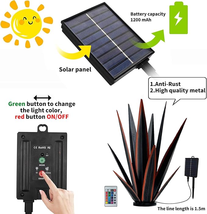 Large Tequila Rustic Sculpture, Rustic Metal Agave Plants for Outdoor Patio Yard, Home Decor Hand Painted Metal Agave Garden Yard Statue, Outdoor Lawn Ornaments (Green - L (W/Solar Light))