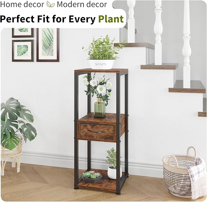 Tall Plant Stands Indoor, 3 Tier Plant Table with Fabric Drawer , Corner Plant Stands for Indoor Plants Multiple, Small Side Table for Indoor Plants, Tall Plant Table