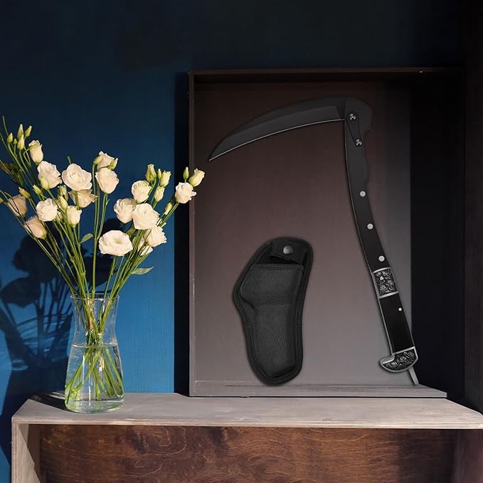 2 Pcs Black Sharp Folding Sickle 14.6 inch Grass Hand Sickle Knife Wooden Handle Portable Safety Manual Sickle Garden Tool with Sheath for Lawn Branches Weeds Gardening Farming Cutting