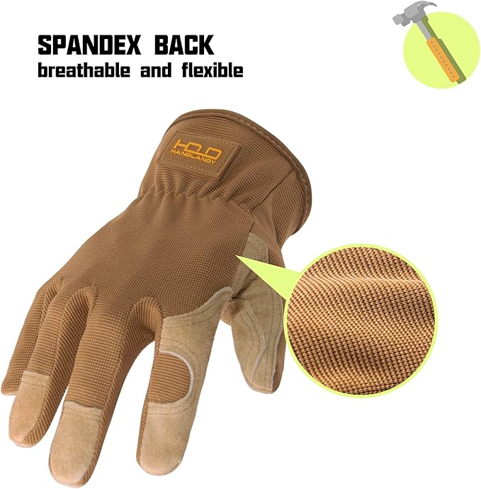 HANDLANDY Men Leather Gardening Gloves, Utility Work Gloves for Mechanics, Construction, Driver, Dexterity Breathable Design