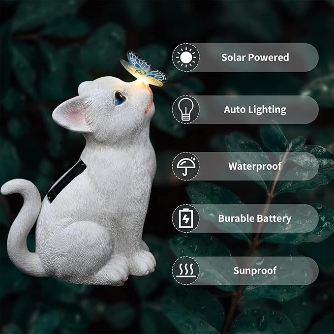 Cat Garden Figurines Outdoor Decor Solar Statue with LED Lights for Patio Lawn Yard Art Decoration Housewarming Garden Gift