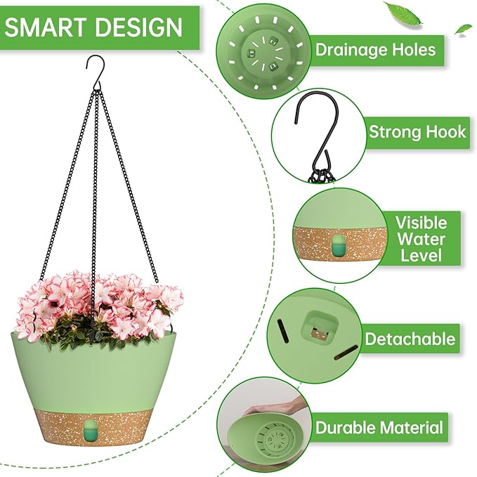 ZMTECH Hanging Planters for Indoor Plants Set of 2 Self Watering Hanging Pots Hanging Baskets Hanging Flower Pots for Outdoor Hanging Plants(8 Inch, Green)