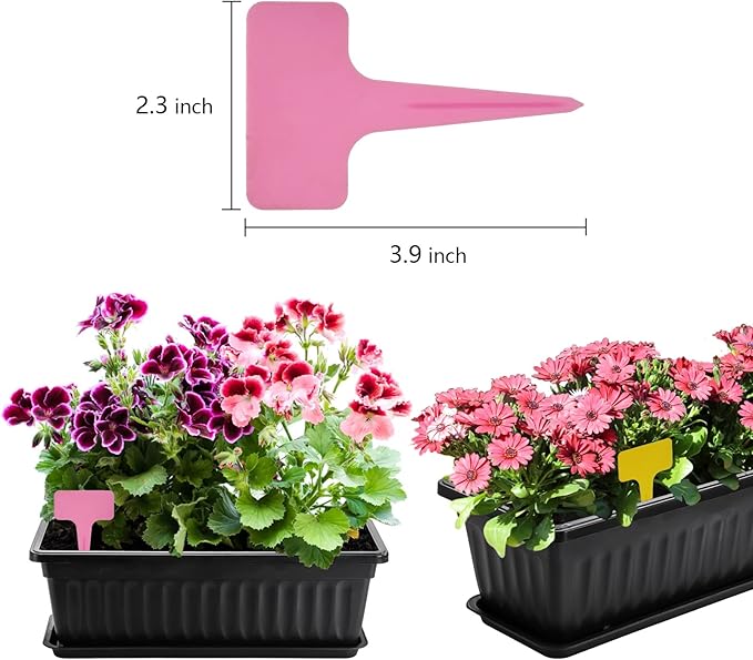 Fasmov 7 Pack 17 Inches Flower Window Box Plastic Vegetable Planters with Trays Vegetables Growing Container Garden Flower Plant Pot with 7 Pcs Plant Labels for Balcony, Patio, Garden, Black