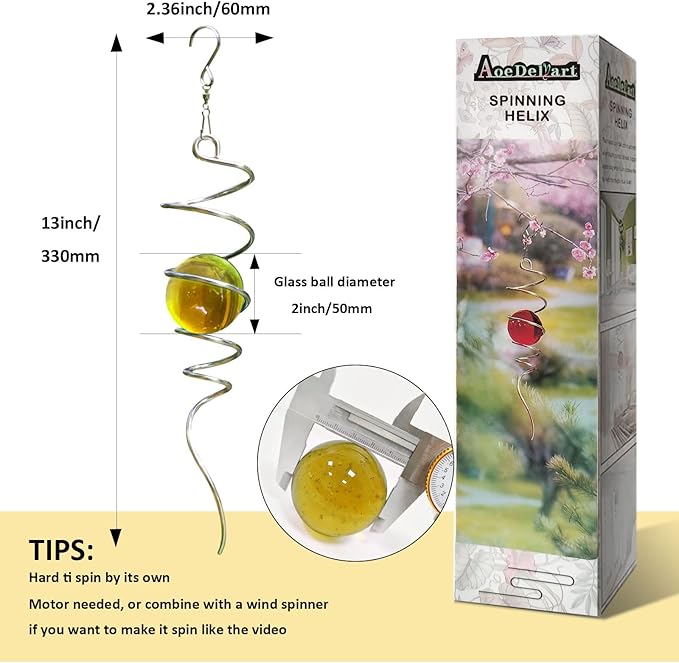 Gazing Ball Spiral Decorative Wind Spinner Tail Wind Spinner Sun Catcher 11inch Tail and 2 inch Glass Orb. Wind Spinner Stabilizer Indoor Outdoor Garden Decoration -13 inch Height(Gold)