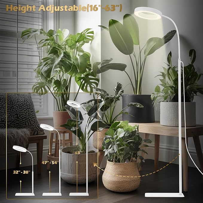 GLOWRIUM Grow Lights for Indoor Plants, 20W Full Spectrum LED Grow Light Floor Lamp with Stand Adjustable Height and Angle, Black Plant Light with 3/9/12H Timer White