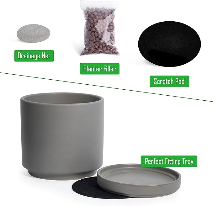 D'vine Dev Set of 4 Small Ceramic Plant Pots, 4.6 Inch Succulent Planter Pot for Plants with Drainage Hole and Saucer, Grey, 94-X-B-3