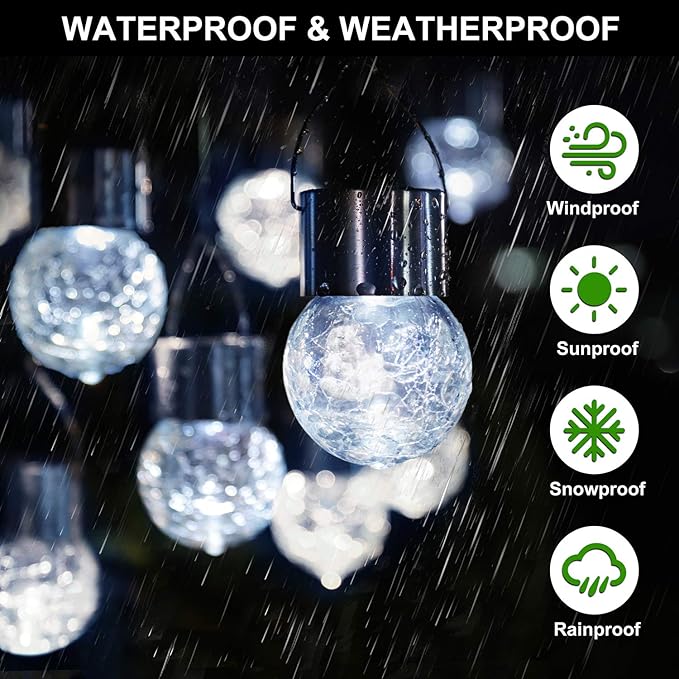 MAXvolador 12-Pack Hanging Solar Lights, Decorative Cracked Glass Ball Light, Solar Powered Waterproof Globe Lighting for Garden, Tree(Cool White)