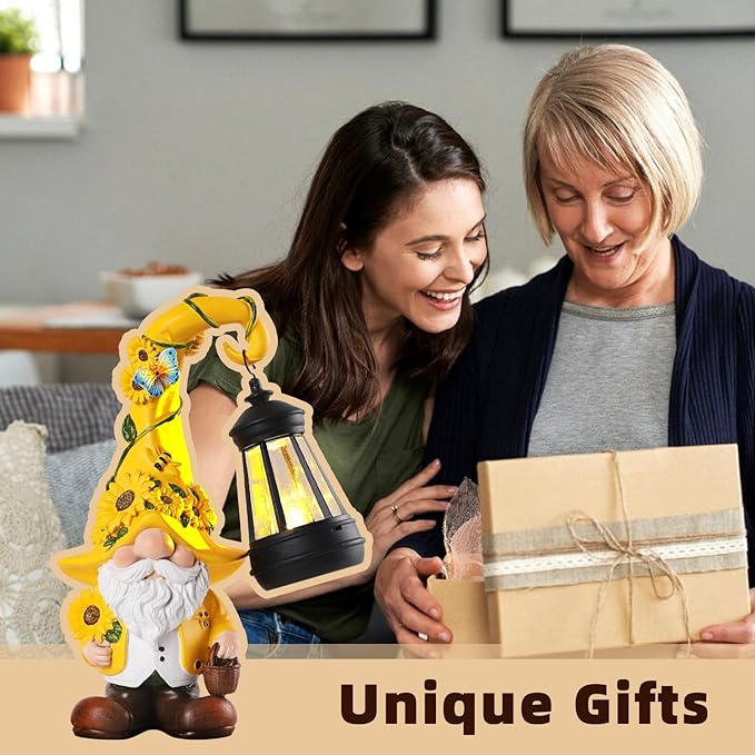 Solar Garden Decor - Sunflower Gnome Statue with Lantern 9.1" Garden Gnomes Outdoor Funny Solar Statues Yard Porch Lawn Patio Decor Gardening Gift for Women Mom Grandma Wife Girlfriend