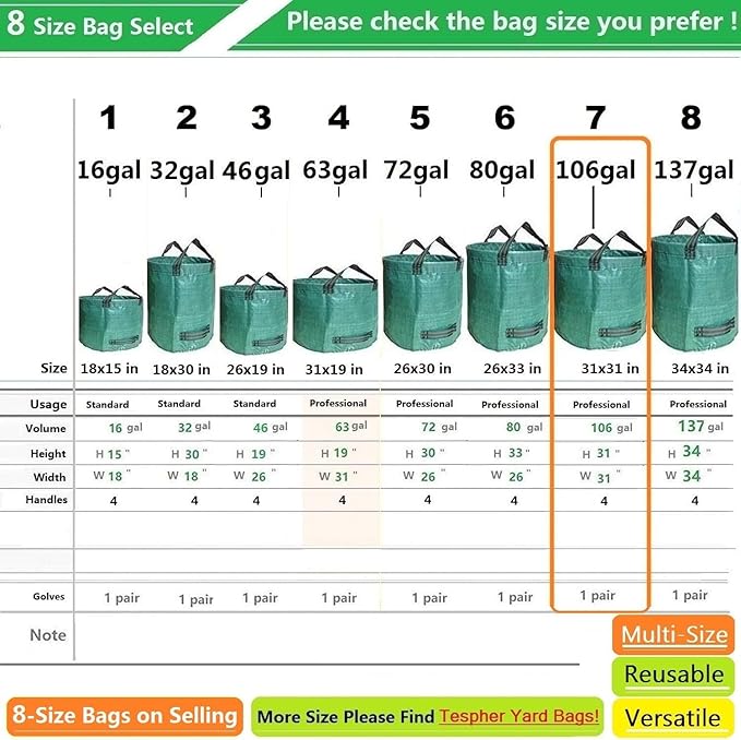 Professional 2-Pack 106 Gallon Yard Lawn Garden Bags Large (D31, H31 inches) Yard Waste Bags with Gardening Gloves, Big Leaf Bag,Debris Bag,Patio Waste Bag,Lawn Grass Bag,Garden Trash Bag W/ 4 Handles