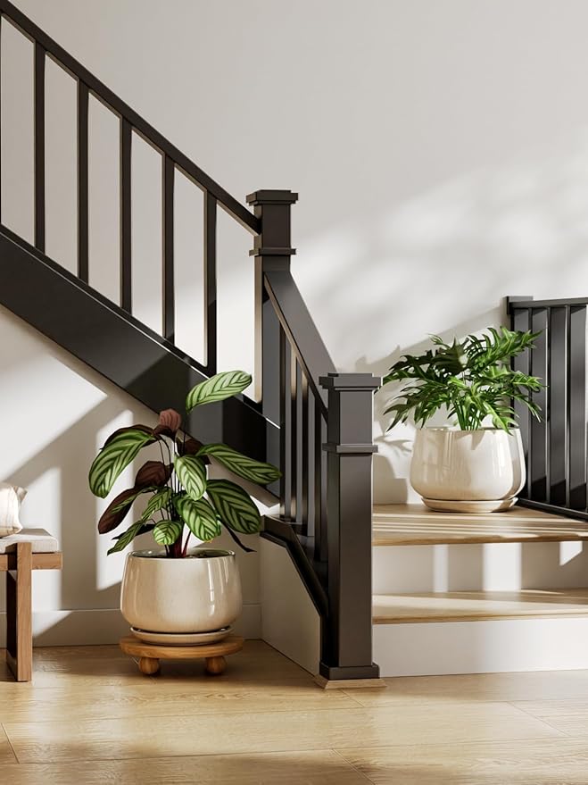 LE TAUCI Ceramic Plant Pots, Set of 2, 10 Inch 12 Inch Planters for Indoor Plants, Elegant Decorative Flower Pot, Sturdy Large Planter with Drainage Tray, Suitable for Porch, Reactive Glaze Beige