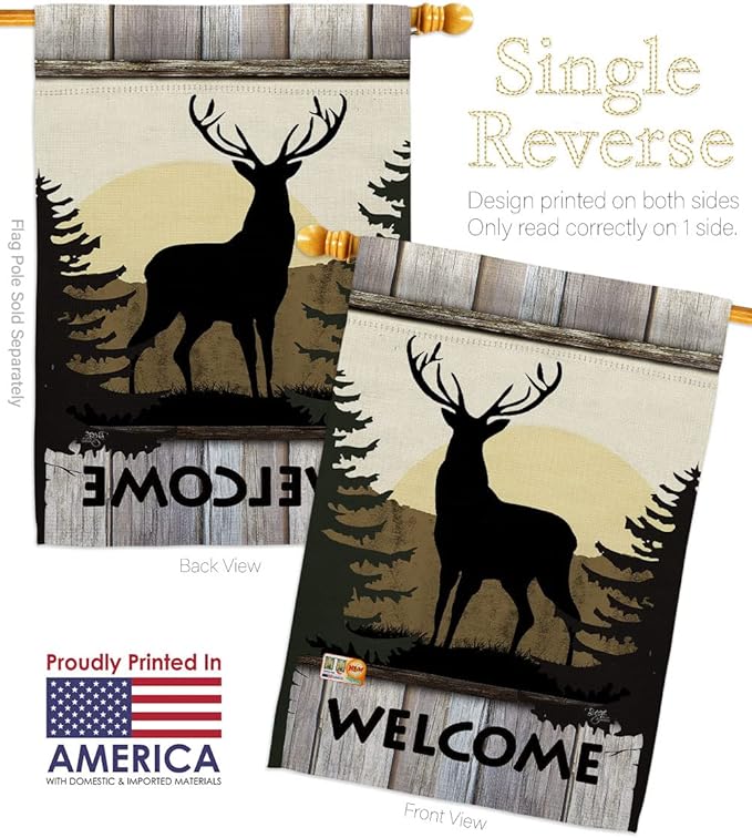 Welcome Deer House Flag Eagle Set Animals Wildlife Outdoor Bear Wolf Pet Nature Farm Animal Creature Small Decorative Gift Yard Banner Made In USA 28 X 40