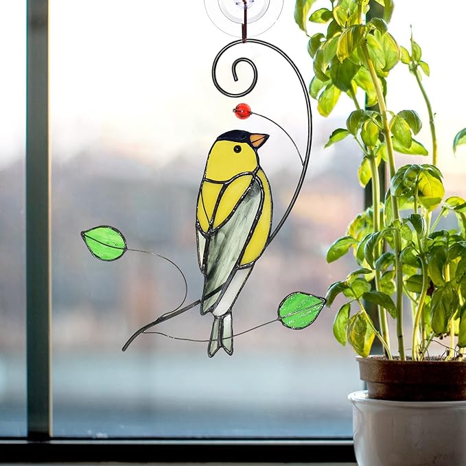 Lolitarcrafts Goldfinch Stained Glass Window Hangings Bird Suncathers for Window