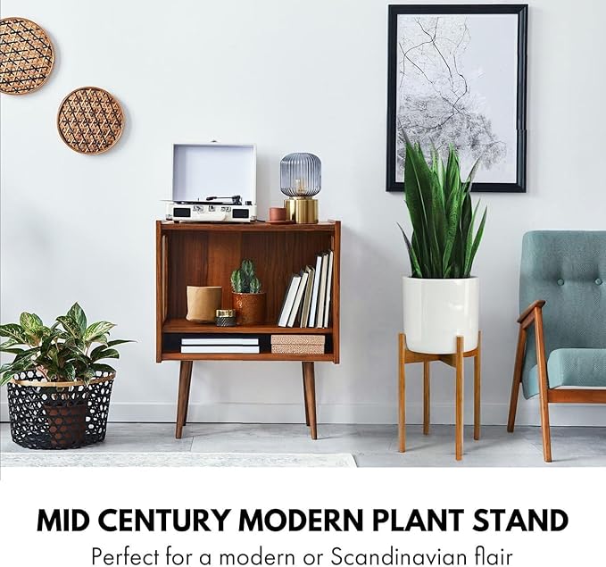 Fox & Fern Adjustable Tall Plant Stand Indoor — 8 to 12 Inch Mid Century Bamboo Plant Stand with Adjustable Width; Plug In Design; Easy to Assemble; Two Height Options - For 8, 9, 10, 11 & 12 In Pots
