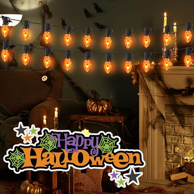 Flickering Flame String Lights with 27 C7 Clear Orange Flame Blubs (2 Spare), 25FT Vintage String Lights for Indoor Outdoor Halloween Decorations Party Black Wire