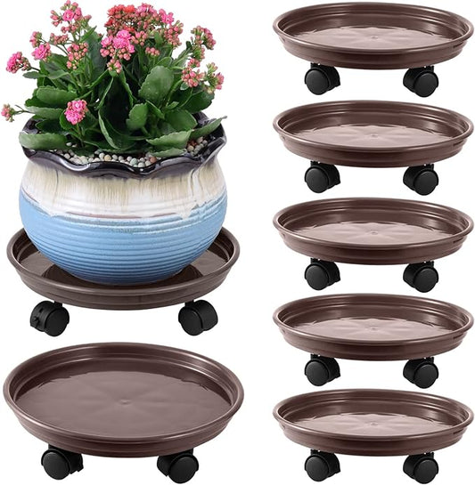 6 Packs Plant Caddy with Wheels 12" Plastic Rolling Plant Stands Heavy-Duty Plant Dolly with Casters Indoor Outdoor Plant Roller Base Plant Saucers on Wheels Plant Mover Coaster, Brown
